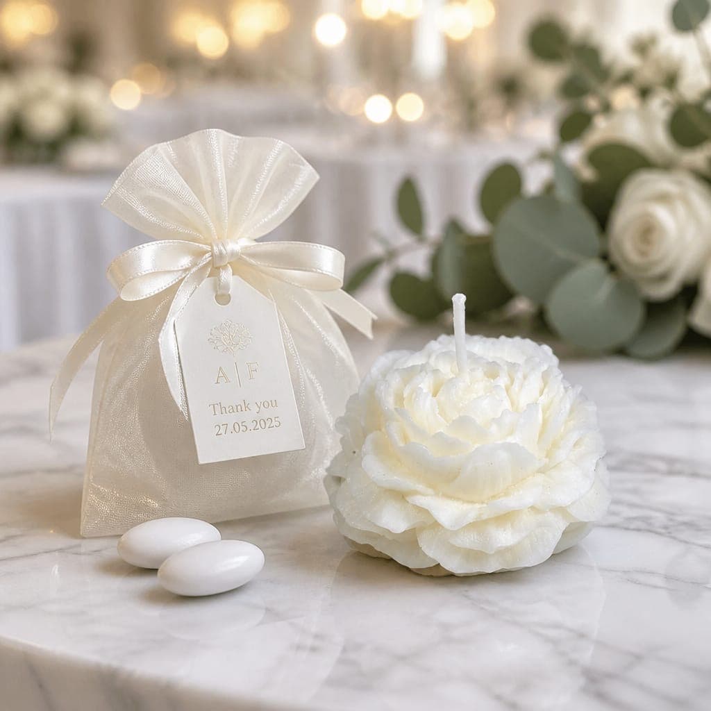 Candela peonia con confezione regalo, fotografia 1