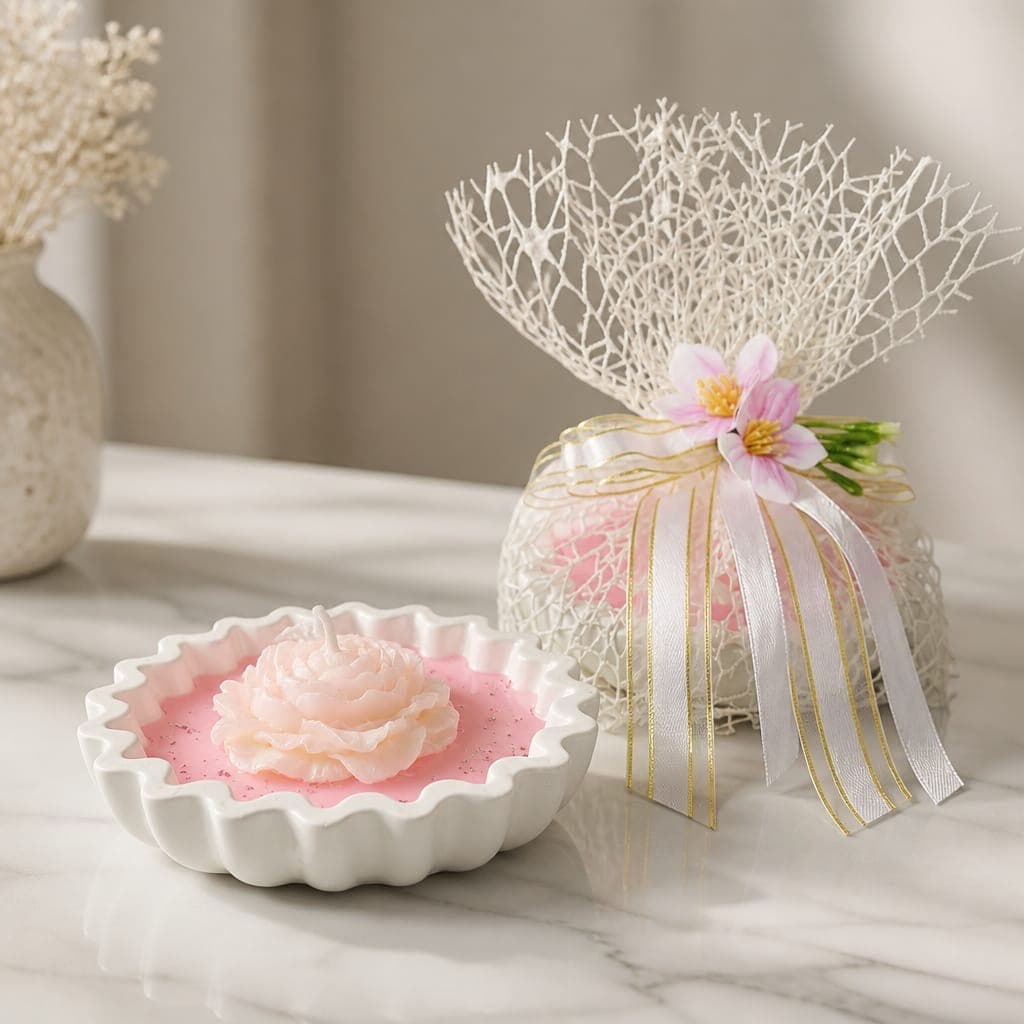 Ciotola onda con colata di cera, tre peonie e glitter, fotografia 1