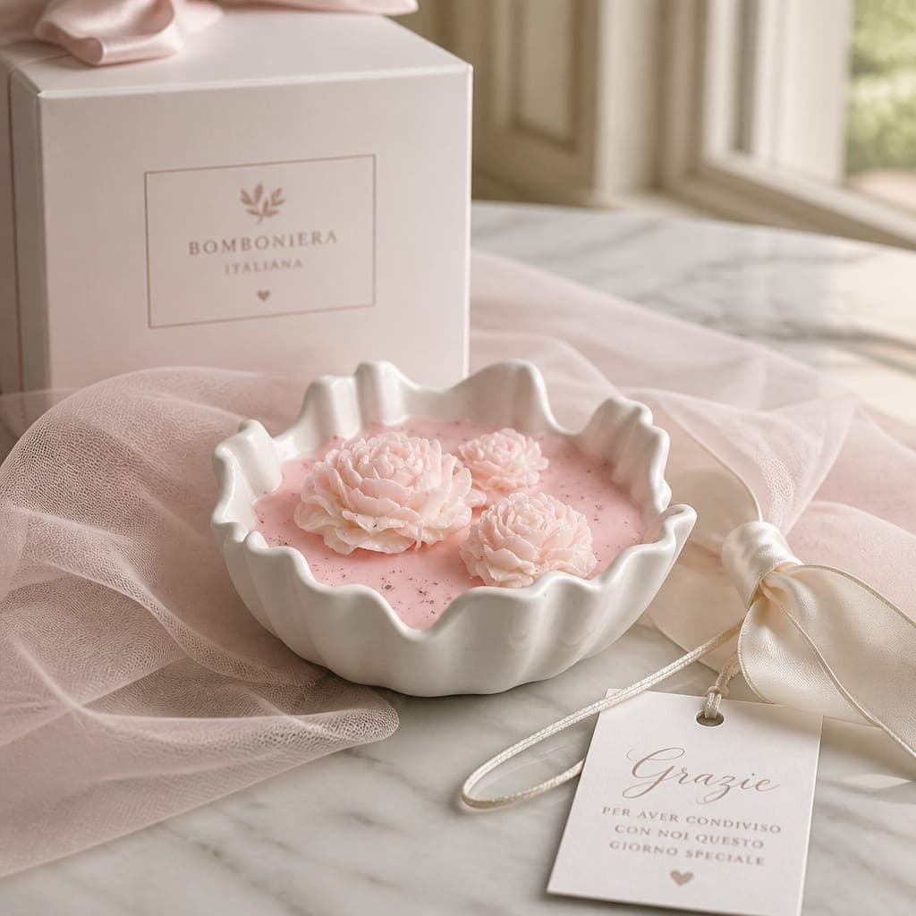 Ciotola onda con colata di cera, tre peonie e glitter, fotografia 1
