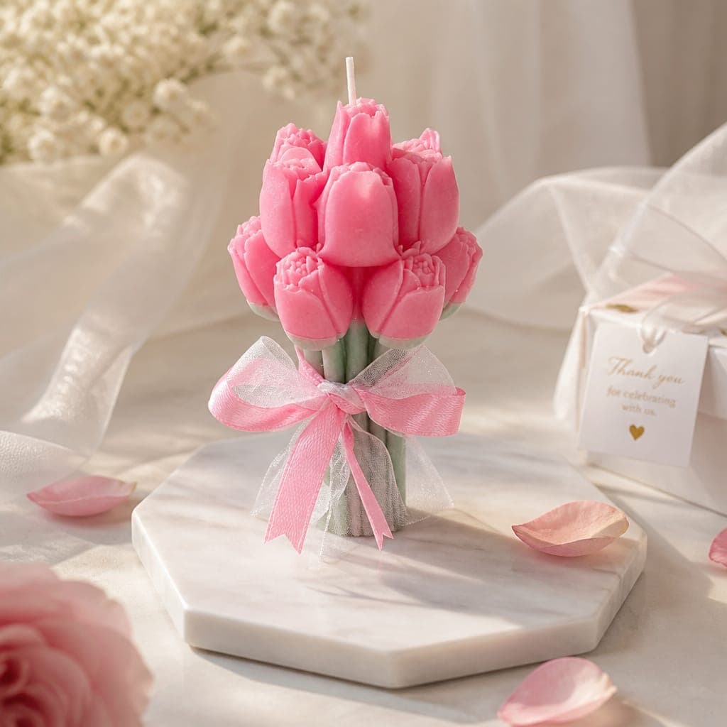 Candela mazzo di tulipani con confezione regalo, fotografia 1