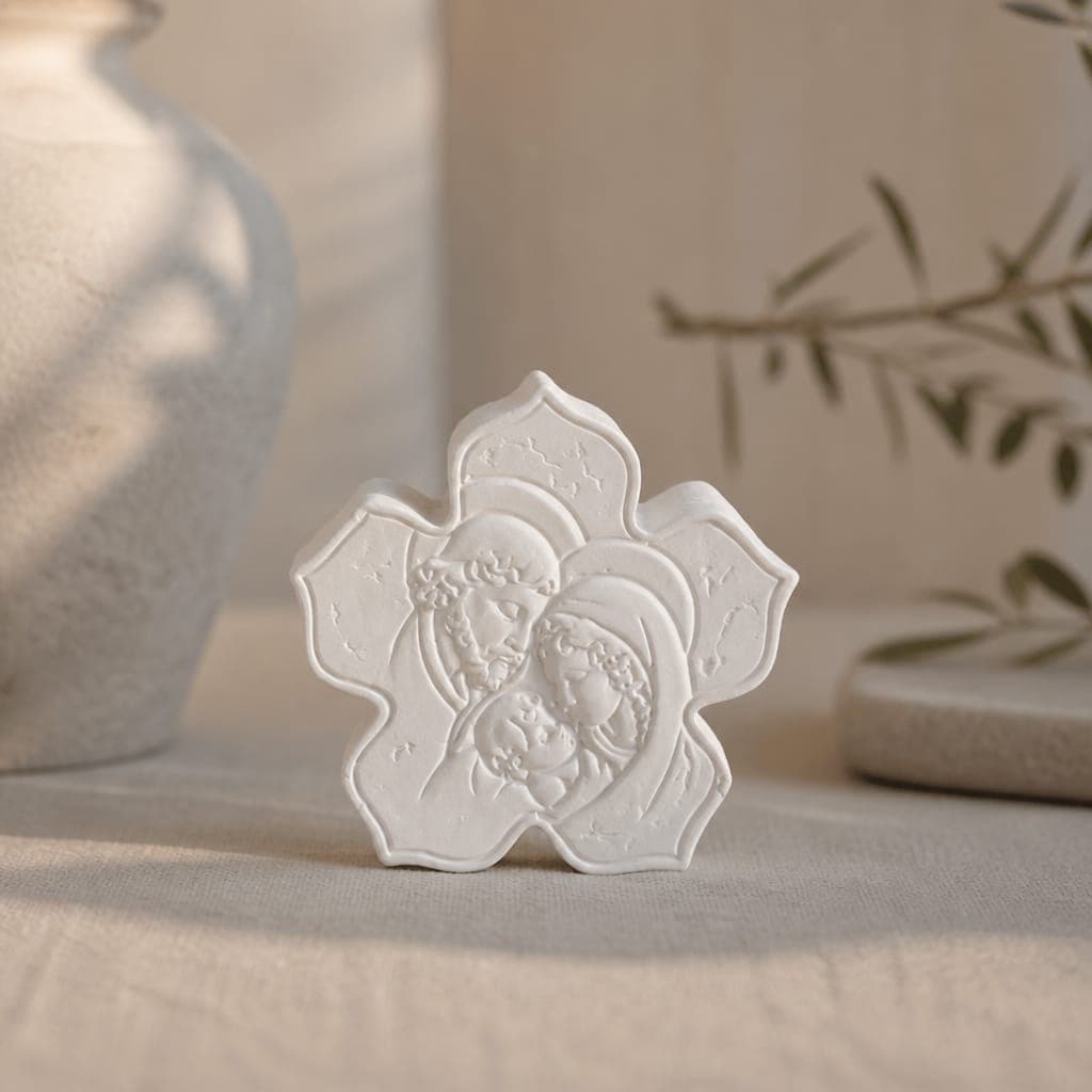 Gesso Sacra Famiglia a fiore con confezione regalo, fotografia 1