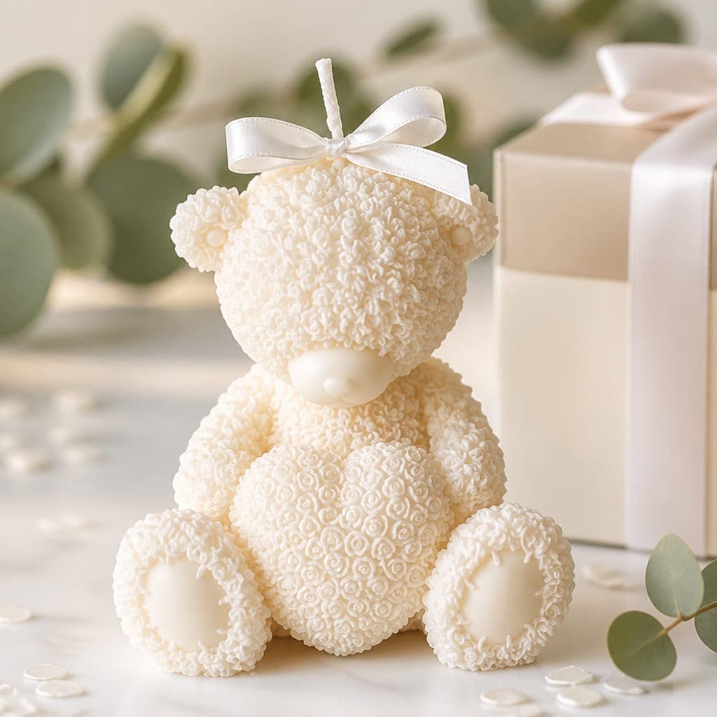 Candela orso Willy seduto con confezione regalo, fotografia 1