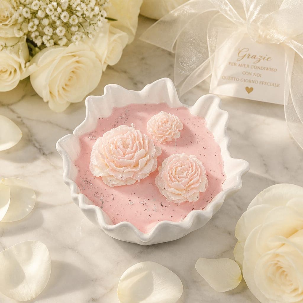 Ciotola onda con colata di cera, tre peonie e glitter, fotografia 1