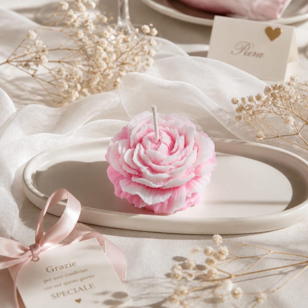 Candela peonia con confezione regalo, fotografia 1