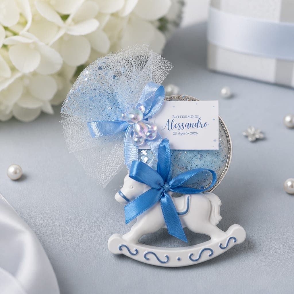 Tag in gesso cavallo a dondolo con confezione regalo, fotografia 1