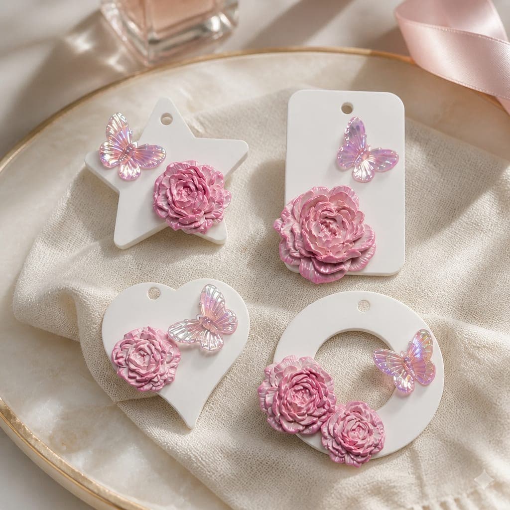 Tag in gesso forme varie con peonia e farfalla, fotografia 1