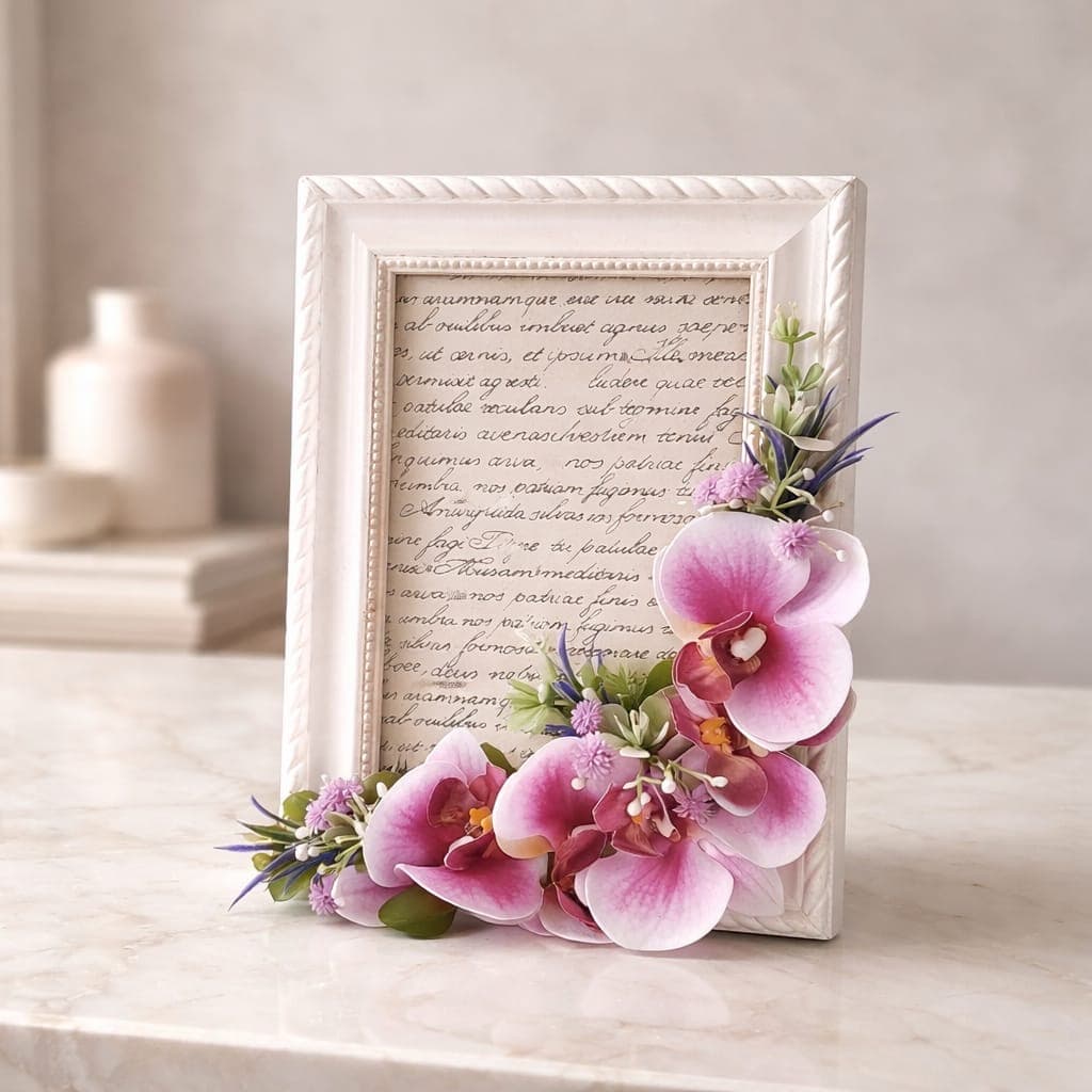 Cornice portafoto in legno con applicazioni orchidea, fotografia 1