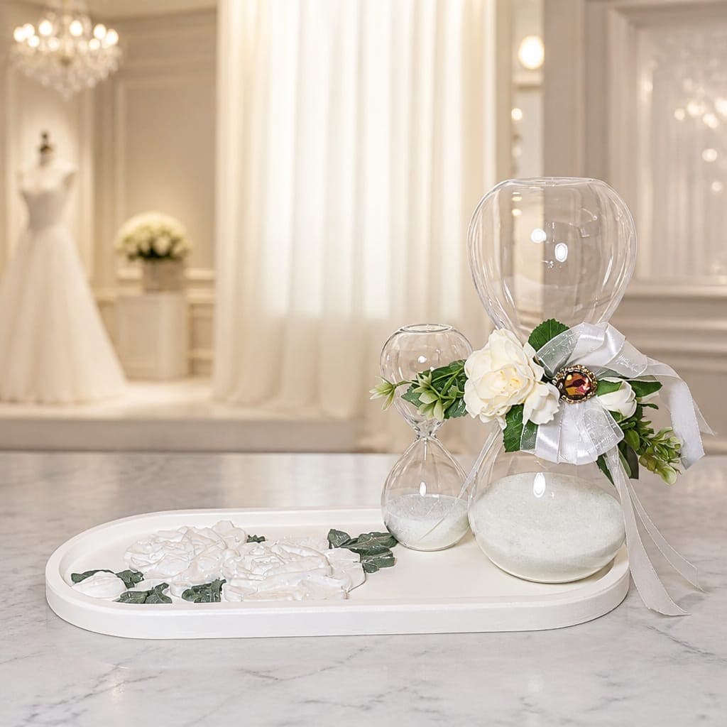 Piatto in gesso con rose applicate e due clessidre, fotografia 1
