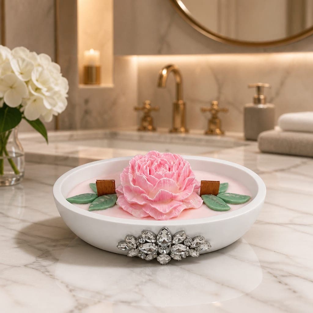 Barchetta piccola in gesso con colata di cera e peonia, fotografia 1