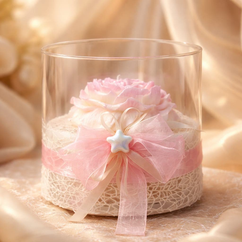 Vaso in vetro con colata di cera e peonia in cera, fotografia 1
