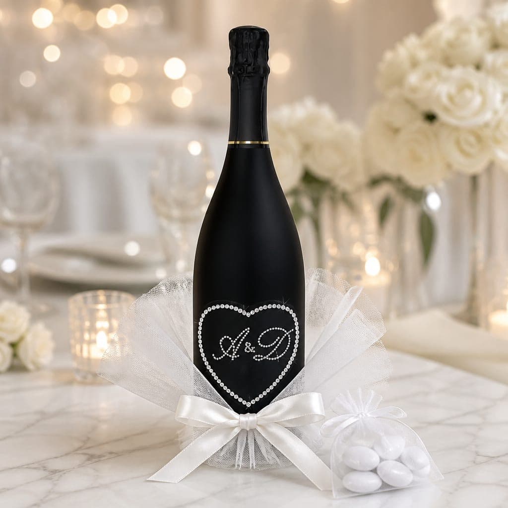 Bottiglia di prosecco con personalizzazione e strass, fotografia 1
