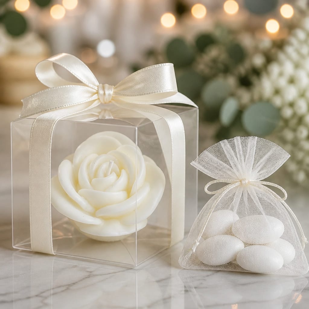 Candela rosa con confezione regalo, fotografia 1