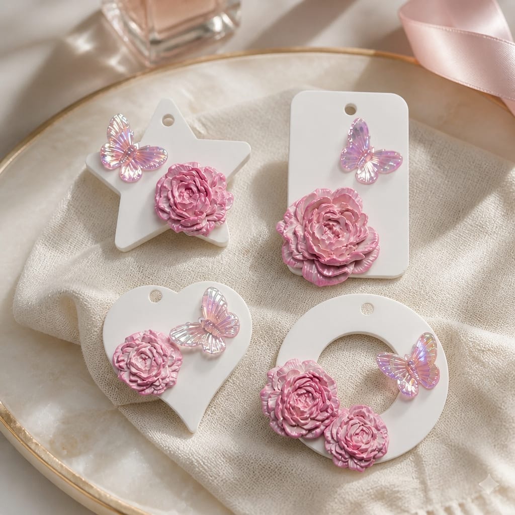 Tag in gesso forme varie con peonia e farfalla, fotografia 1