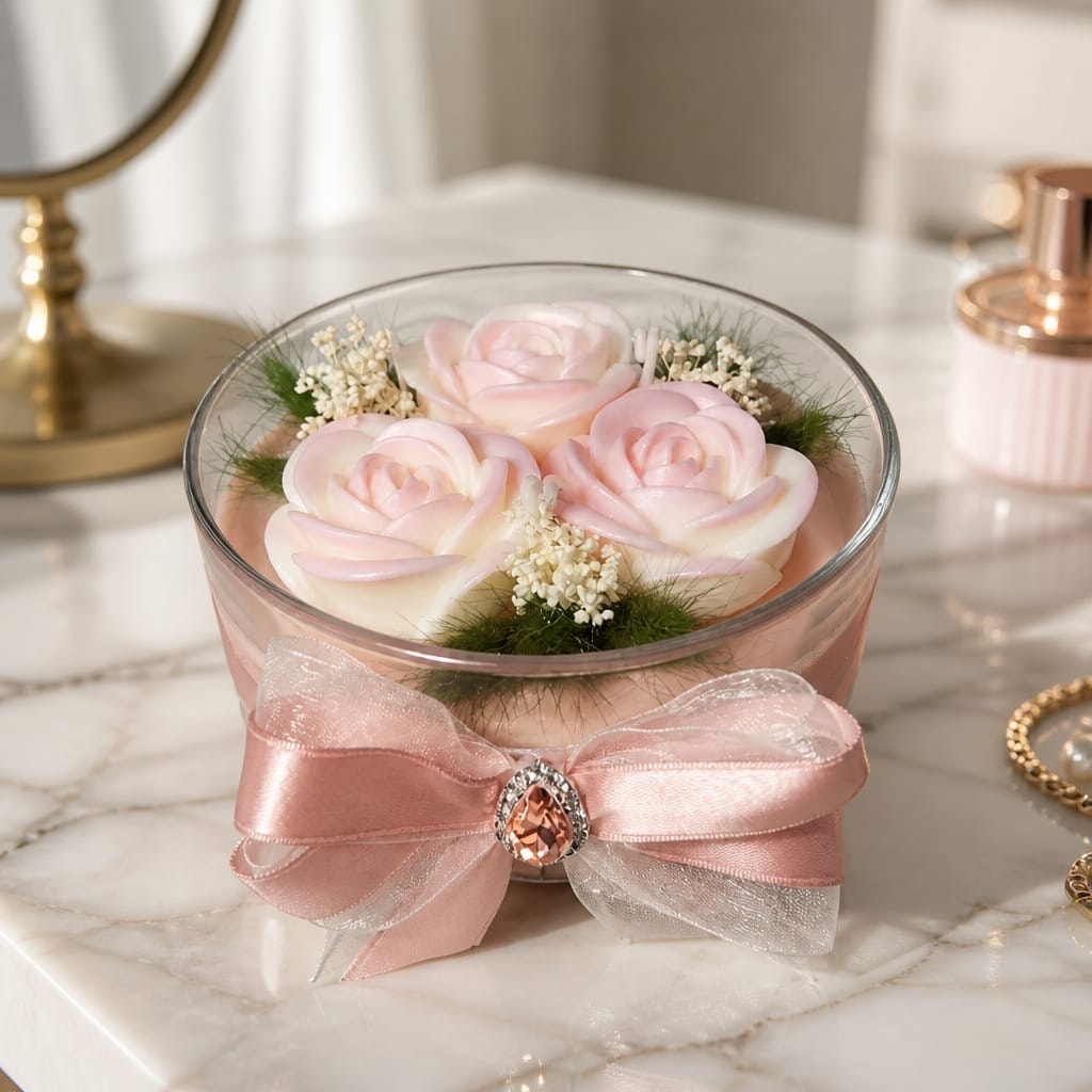 Vaso in vetro con colata di cera e tre rose in cera, fotografia 1