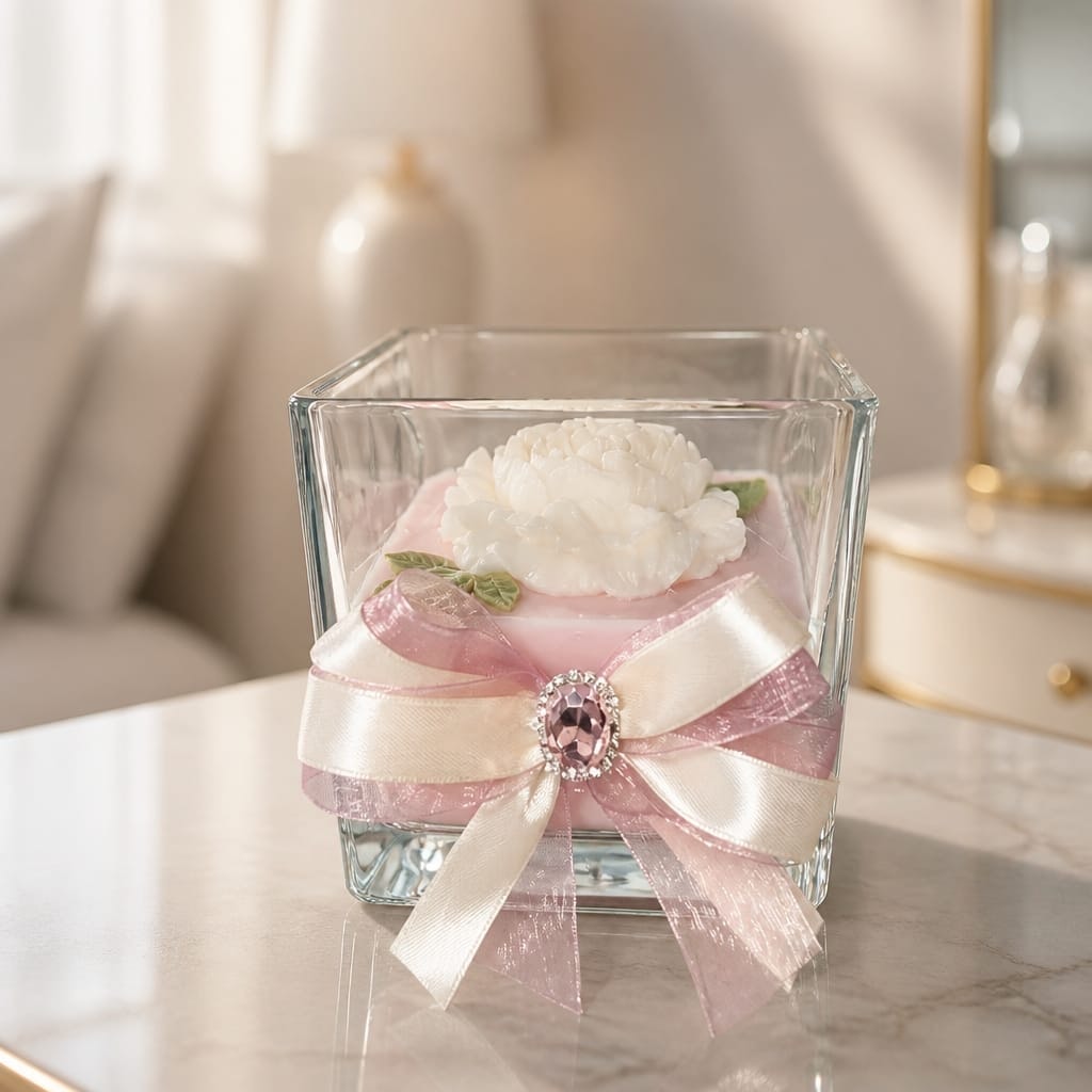 Vaso in vetro con colata di cera e peonia in cera, fotografia 1