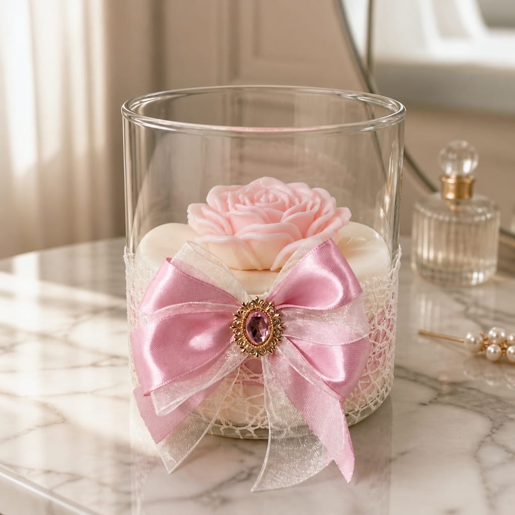 Vaso in vetro con colata di cera e fiore in cera, fotografia 1