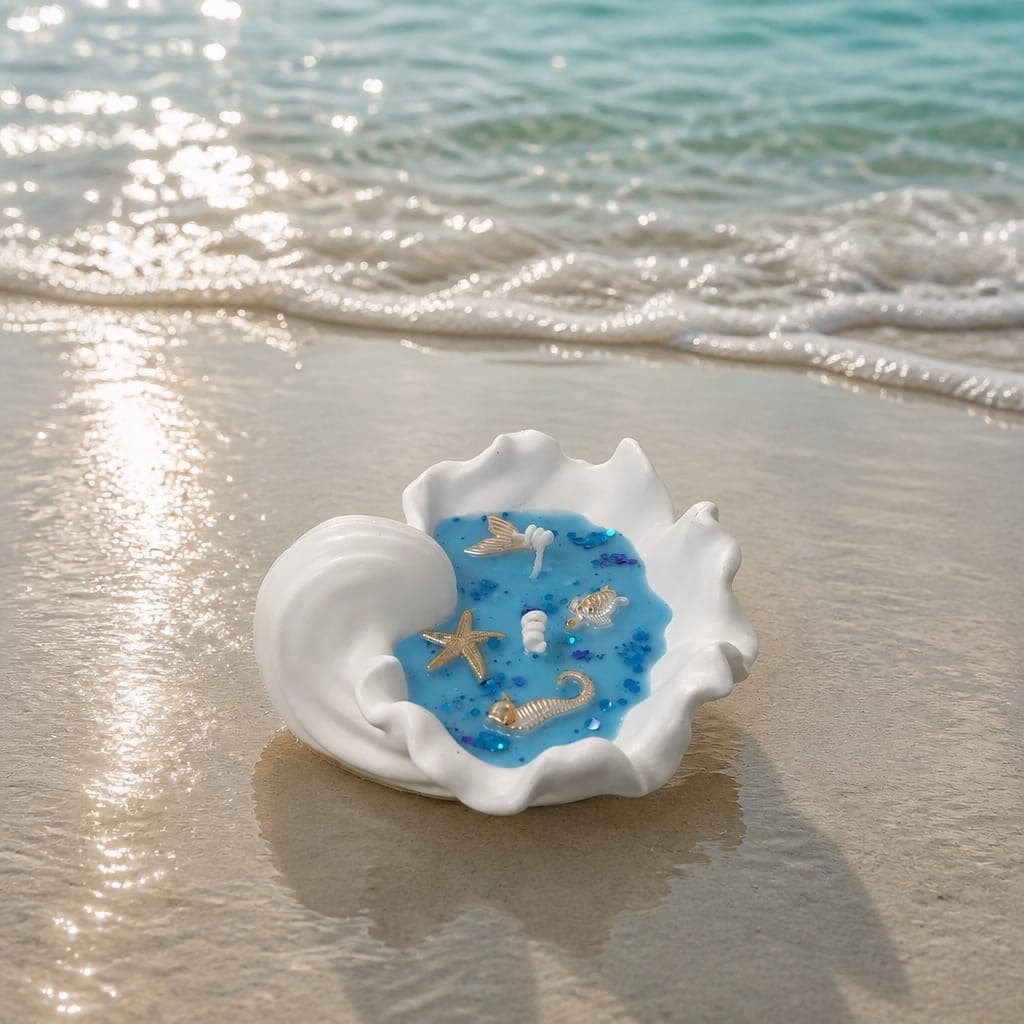 Conchiglia in gesso con candela - Essenza Mar Mediterraneo, fotografia 1